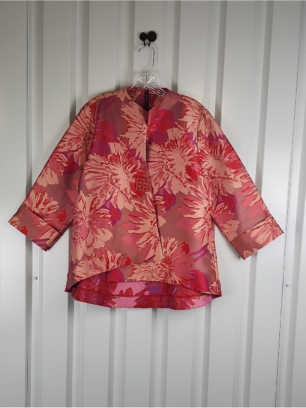 IC By Connie K Floral Pink-Red Women's Jacket Long Sleeves Asymmetric Hem Large